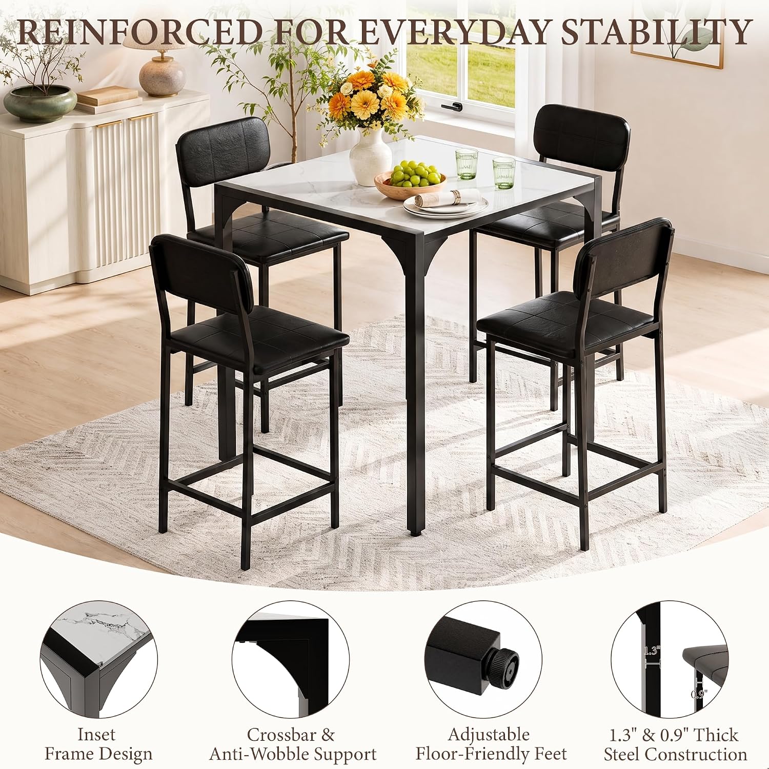 XIAO WEI 5-Piece Counter Height Dining Table Set for 4, Marble-Look, Black | Counter height table, Dining table set for 4, Wide padded chairs, Marble-look top, Space-saving tuck-away frame