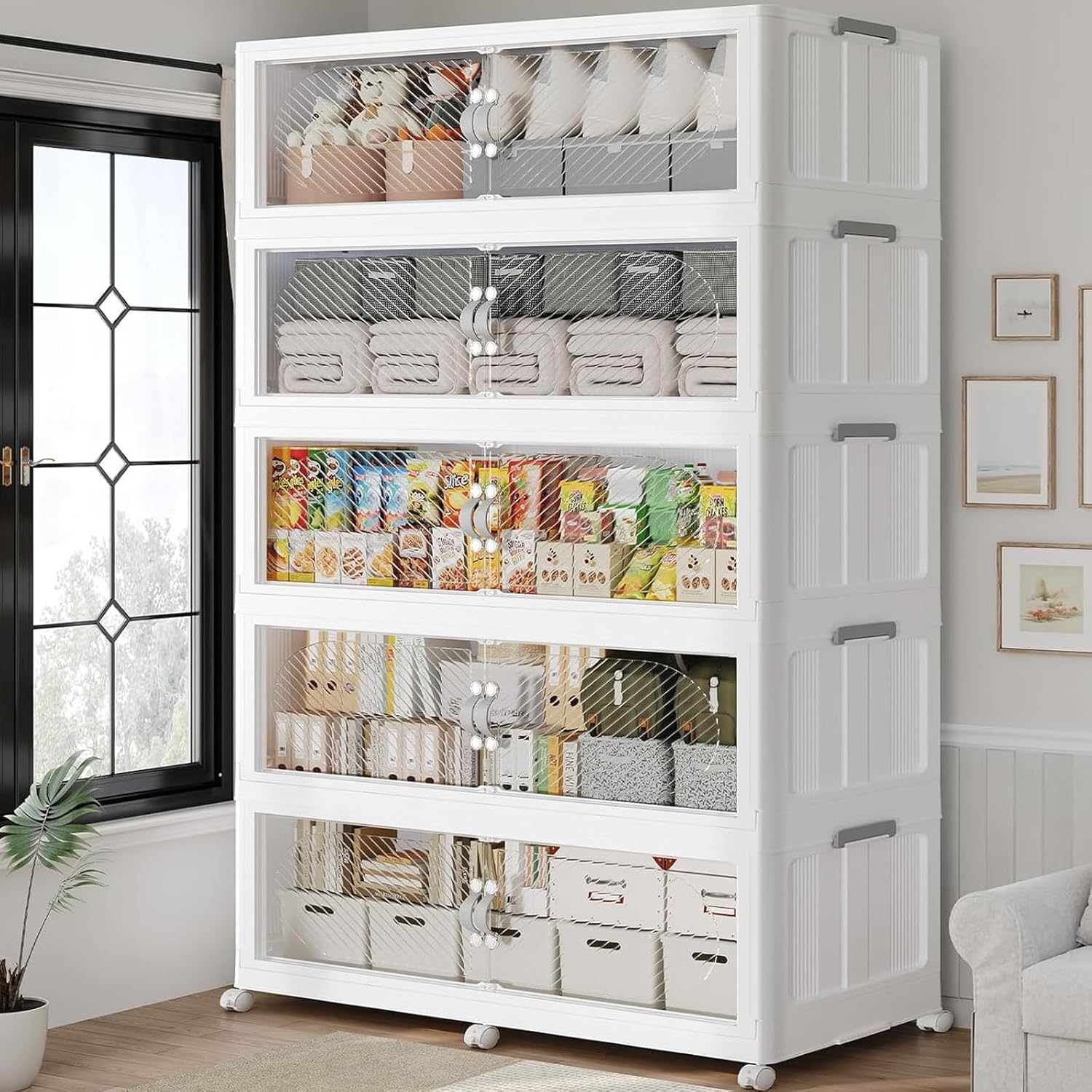 1200QT Extra Large Stackable Storage Bins with Lid, 300Gal Plastic Closet Organizers and Storage Drawer, Collapsible Cabinet Box with Wheels Clear Doors for Home Kitchen Office, 5Pack White
