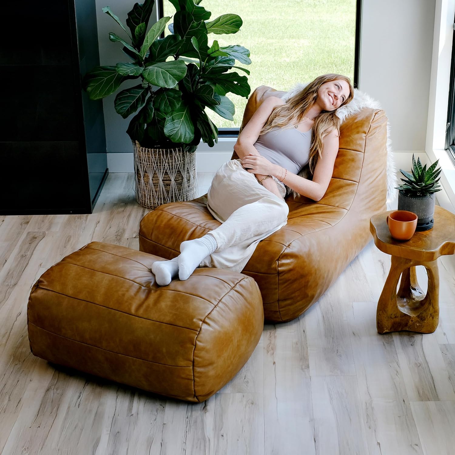 Big Joe Modora Bean Bag Lounger, Living Room and Gaming Seat, Copper Harbor Vegan Leather, Chair & Ottoman Set