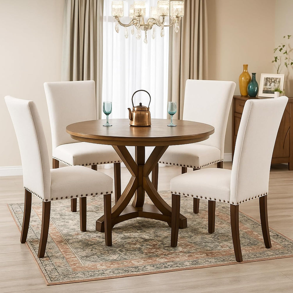 Set of 4 Beige Upholstered Dining Chairs, Farmhouse Kitchen Chairs with High ...