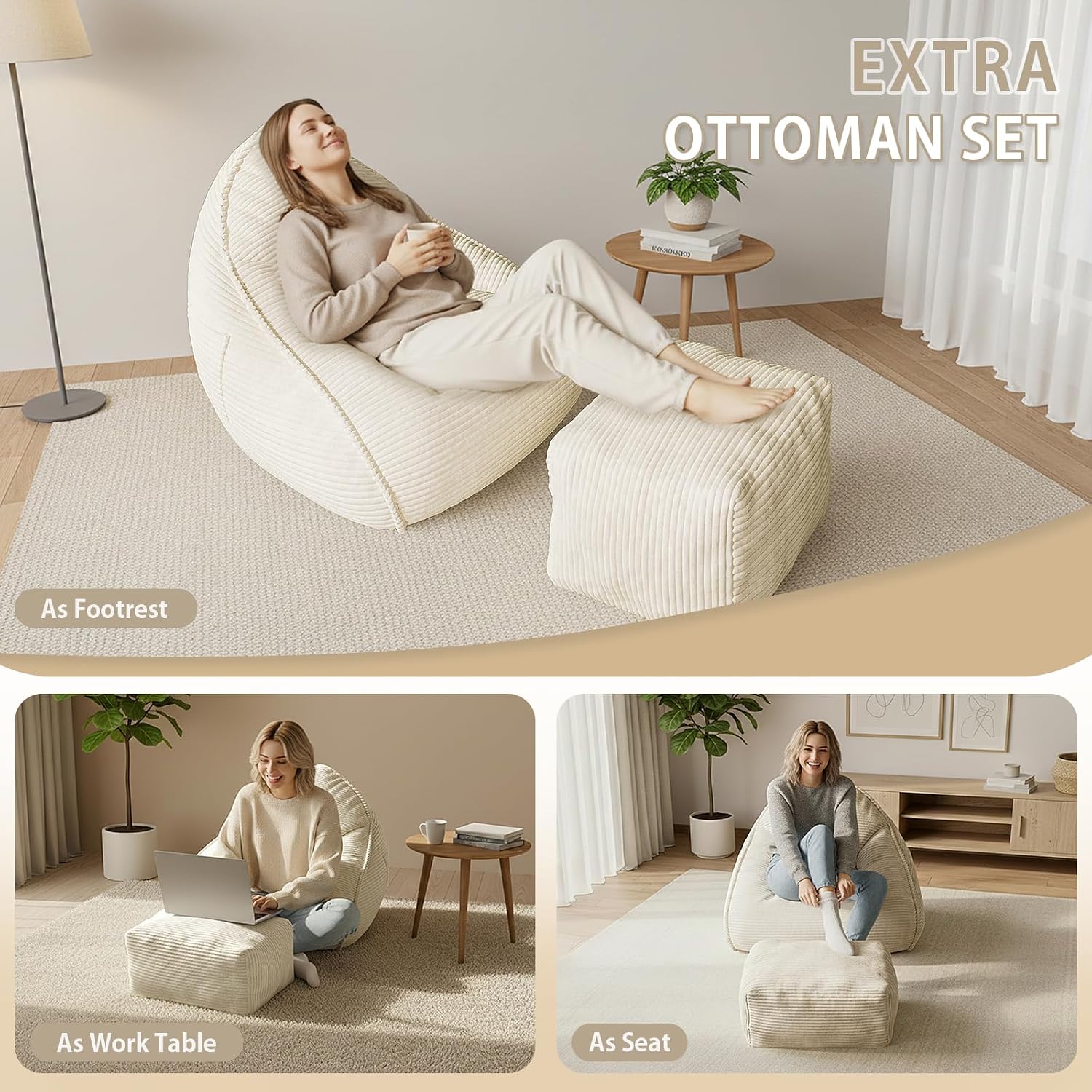 Bean Bag Chair with Ottoman, Bean Bag Sofa,Accent Chairs,Corduroy Fabric, Comfortable Reading Chairs for Living Room, Bedroom, Reading Nook,Modern Lounge Reclining Chair with Footrest (WHITE, Medium)