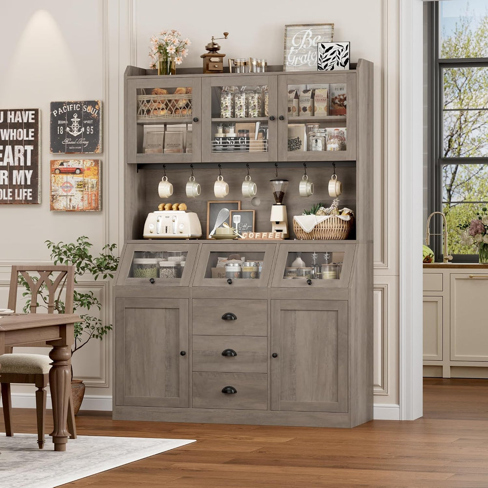 HIFIT 71.4” H Kitchen Hutch Pantry Cabinet with 3 Bread Boxes&7 Metal Hoo...