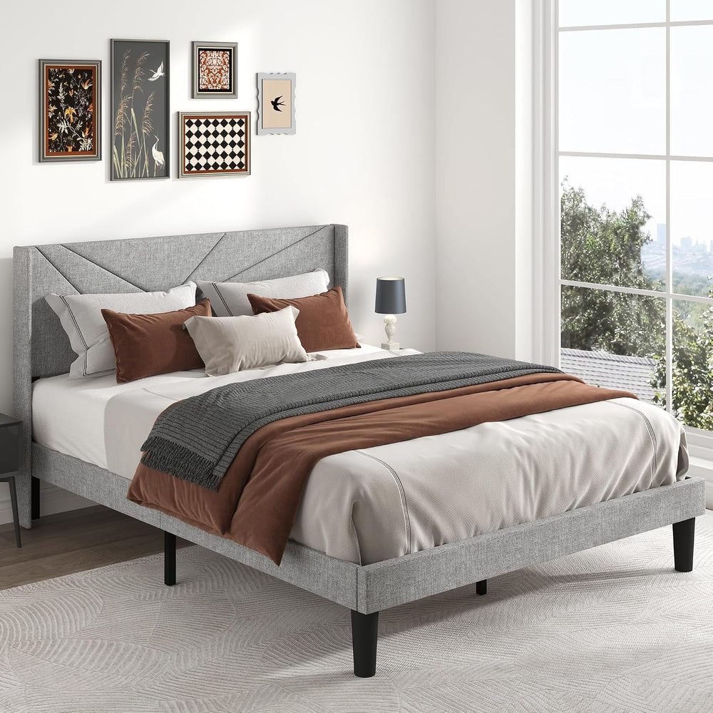 Queen Size Bed Frame with Upholstered Wingback Headboard, Easy Assemnly Platf...