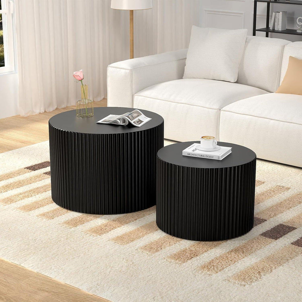 Round Wood Coffee Table Set of 2 Nesting Coffee Tables Black 18.9 inch | Mode...