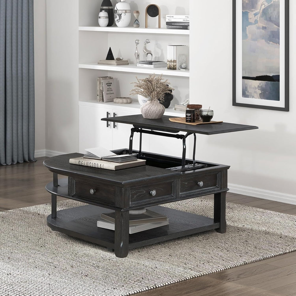 Living Room Coffee Table Storage Drawer Lift Top Open Shelves Charcoal Wooden