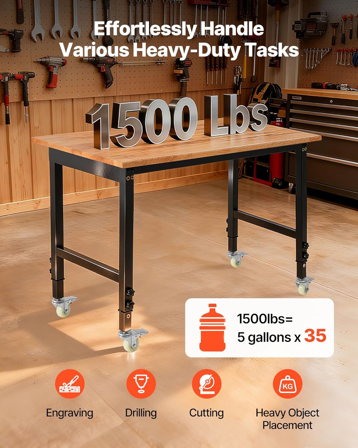 VEVOR Adjustable Workbench on Wheels, 1500 lbs Capacity, 48 x 24 Inch Oak Wood Top Workbench with 28.5-42.3 Inch Height Adjustment, Heavy-Duty Hardwood Worktable for Garage, Workshop, Home, Office