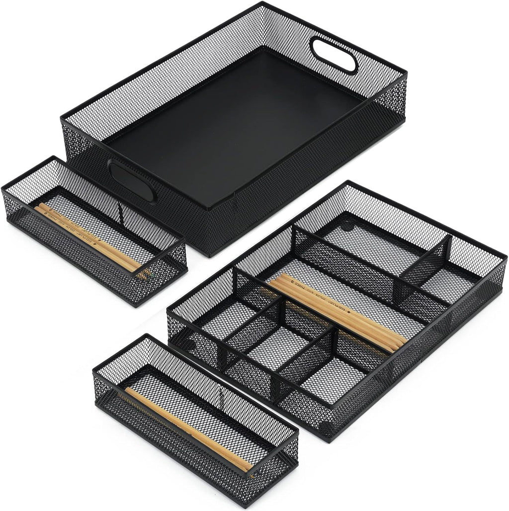 Neudeco Desk Drawer Organizer with 6 Adjustable Dividers, Metal Pen organizer for desk drawer,Mesh Office Desk Drawer Organizer Tray for office supplies (Pack 4, Black)