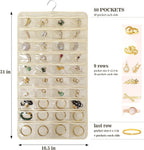 80 Pocket Hanging Jewelry Organizer with Hanger Metal Hooks Storage On Wall Door Closet Double-Sided(Each Side 40 Pockets) Jewelry Holder for Earrings, Necklaces, Rings (4 PACK BEIGE)