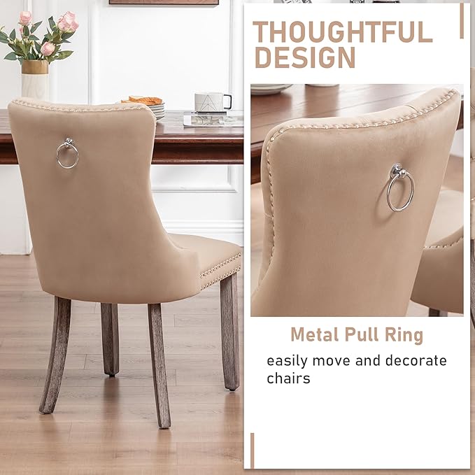Mid Century Modern Dining Chair Set of 4 Velvet Upholstered Dining Accent Chair Farmhouse Dining Chairs with High Back and Nailhead Trim for Kitchen, Living Room, Bedroom (Khaki)