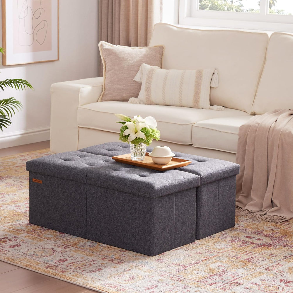 HAUSFRAU Ottoman with Storage Bench Folding Foot Rest Stool Linen Grey