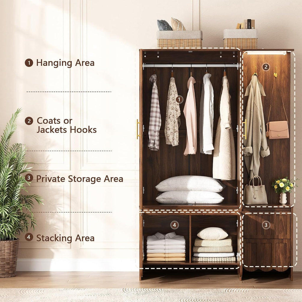 Armoire Wardrobe Closet with 2 Drawers, 3 Open Shelves, Sensor Light, 71” Tall Bedroom Armoire with Hanging Hooks and 2 Doors, Modern Fluted Wooden Closet Combination with Large Storage, Walnut