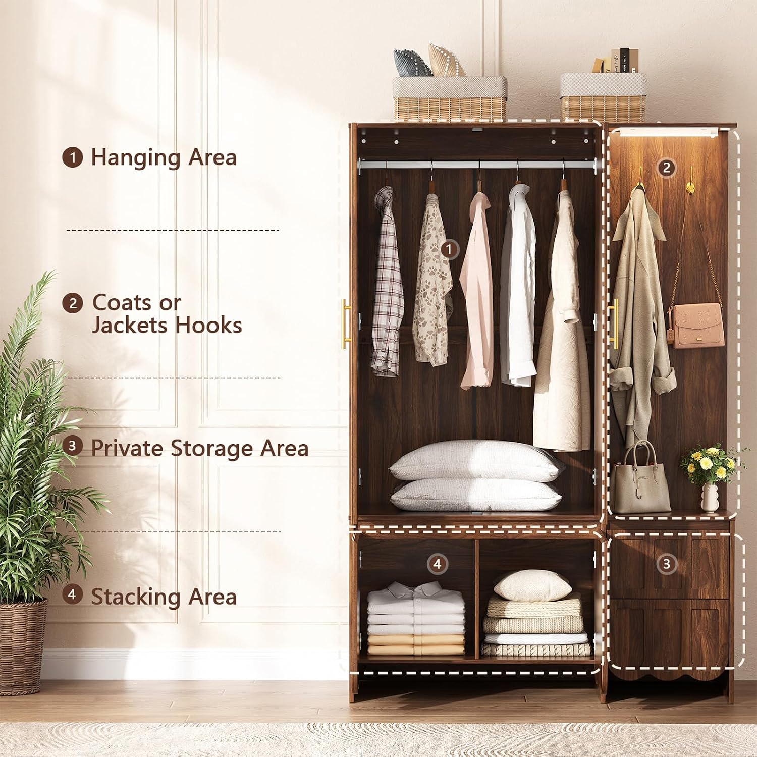Armoire Wardrobe Closet with 2 Drawers, 3 Open Shelves, Sensor Light, 71” Tall Bedroom Armoire with Hanging Hooks and 2 Doors, Modern Fluted Wooden Closet Combination with Large Storage, Walnut