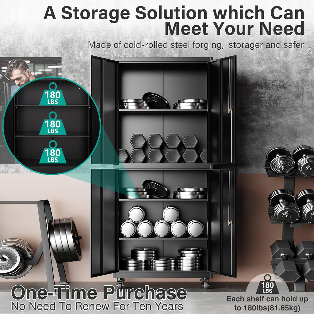 SISESOL Metal Storage Cabinet with Wheels,73" Rolling Garage Storage Cabinet with Lock,Black Metal Cabinets with Shelves and 4 Doors,Tall Tool Cabinets on Wheels for Garage,Home,Office,Shop