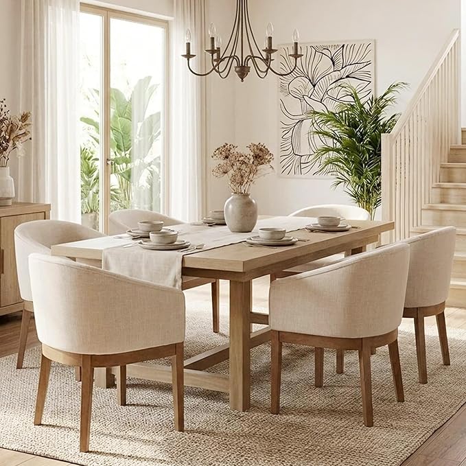 Mid Century Modern Upholstered Barrel Dining Chairs with Arms Set of 6, Farmhouse Linen Kitchen & Dining Room Chairs with Natural Hardwood Frame, 18" W Accent Chairs for Living Room Bedroom, Beige