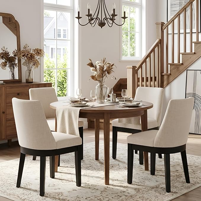 Modern Dining Chairs Set of 4 with Comfortable Back Support, Farmhouse Soft Linen Upholstered Kitchen Dining Room Chairs with Black Solid Wood Legs, Armless Accent Side Chairs for Living Room, Beige