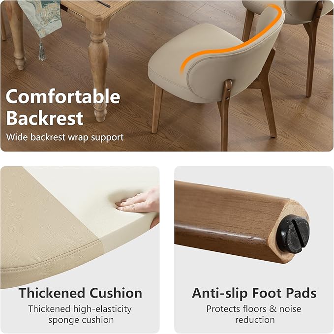 YOUNIKE Dining Chair with High Back Set of 3 Mid Century Modern Kitchen Chair Faux Leather Upholstered Armless Chair 20" Wide Padded Seat with Wooden Legs for Kitchen Dining Living Room Bedroom Khaki