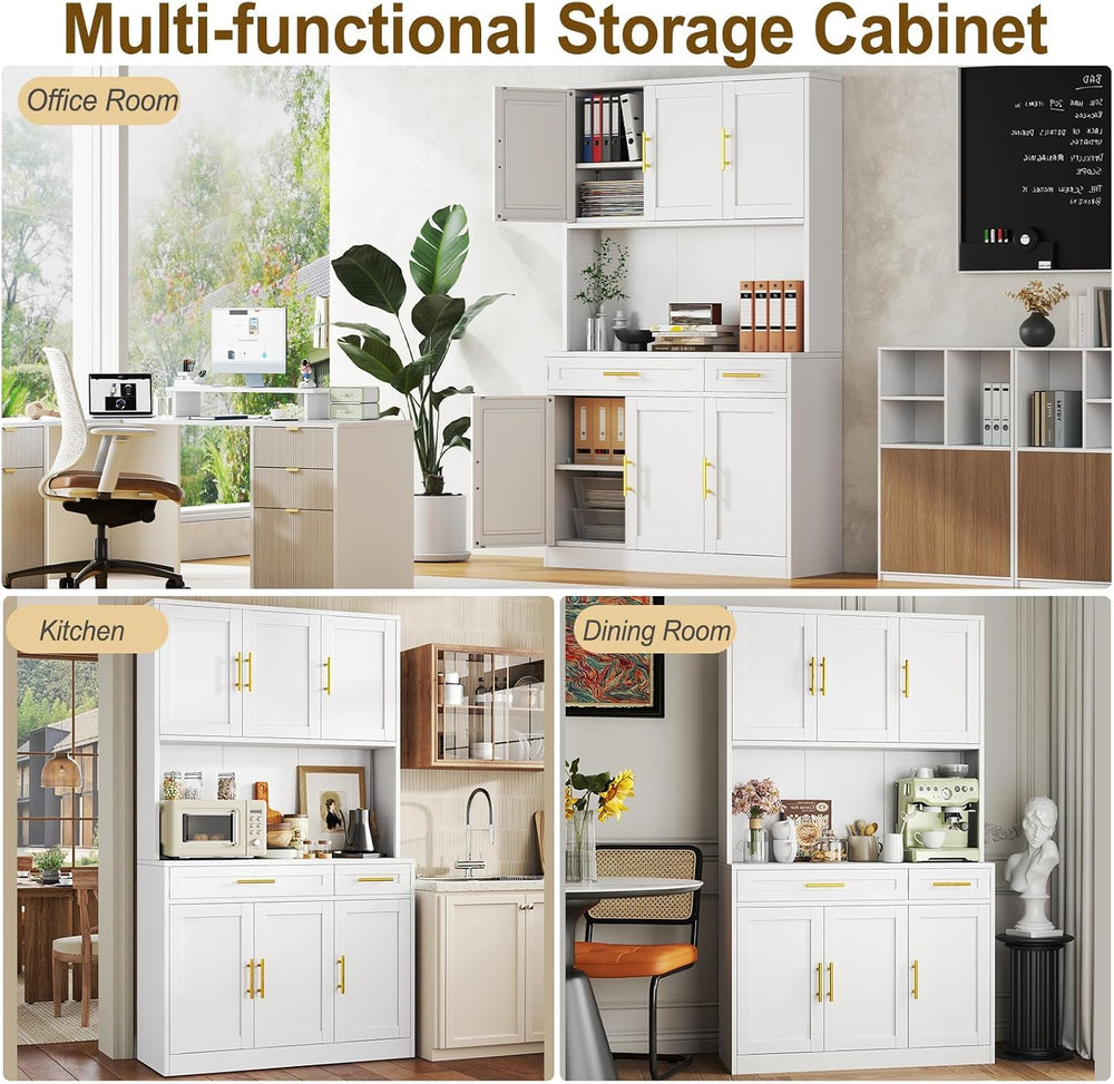 71" Metal Kitchen Pantry Cabinet with Countertop, 2 Drawers, 6 Doors, Wh...