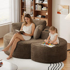 Oversized Round Chaise Longue Chair with Ottoman, Modern Corduroy Deep Seat Circle Single Cloud Boneless Floor Accent Chair w/Cup Holders for Living Room, Bedroom Apartment, 55" W * 74.6" D, Brown