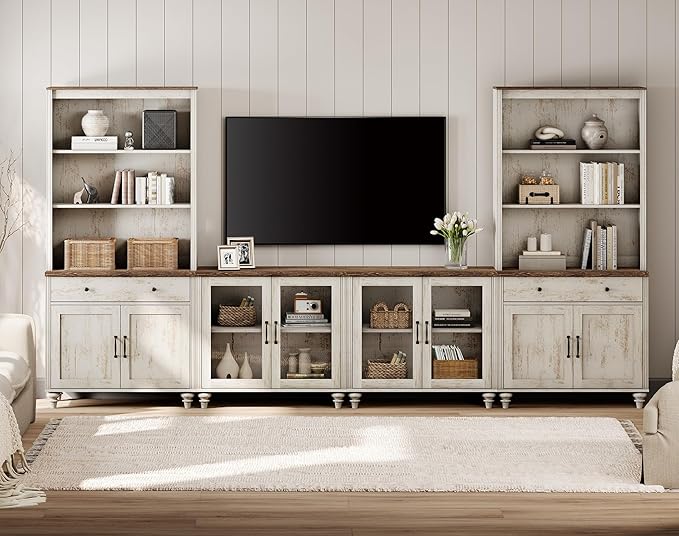 WAMPAT TV Stand with Bookshelves for TVs up to 75", Farmhouse Wall Unit Entertainment Center with Doors & Drawer, Media Console Table for Living Room & Bedroom & Home Theater, Rustic White
