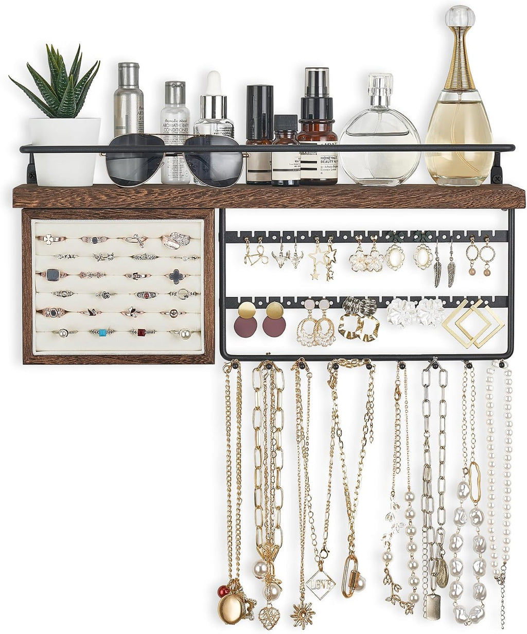 Mkono Hanging Jewelry Organizer Wall Mounted Jewelry Organizer Necklace Holder with Rustic Wood Shelf, Ring Display Box, Ear Studs Earring Holder Bracelet Organizer (Brown)