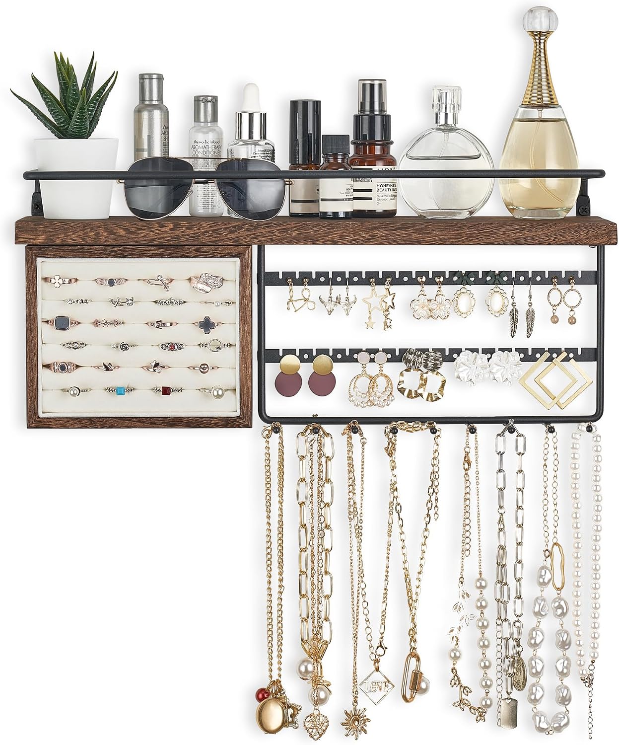 Mkono Hanging Jewelry Organizer Wall Mounted Jewelry Organizer Necklace Holder with Rustic Wood Shelf, Ring Display Box, Ear Studs Earring Holder Bracelet Organizer (Brown)