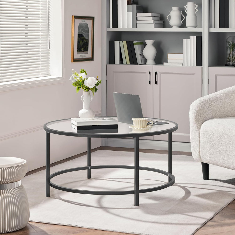 Yaheetech 36" Round Glass Coffee Table for Living Room, Metal Frame, Black