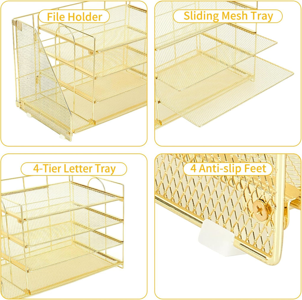 OPNICE 4-Tier Paper Organizer with Magazine Holder, Desk Organizers and Accessories, Office Desk Accessories & Workspace Organizers, Desktop File Organizer for Office Supplies Storage, Gold