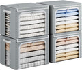 Yecaye Clothes Storage Bins with Metal Frame, Foldable Clothing Storage Bin with Lid, Stackable Oxford Fabric Organizer Box With Clear Window & Zippers & PU Leather Handles (4 Pack,Grey,40L)