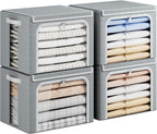 Yecaye Clothes Storage Bins with Metal Frame, Foldable Clothing Storage Bin with Lid, Stackable Oxford Fabric Organizer Box With Clear Window & Zippers & PU Leather Handles (4 Pack,Grey,40L)
