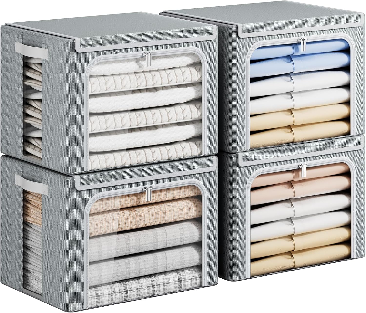 Yecaye Clothes Storage Bins with Metal Frame, Foldable Clothing Storage Bin with Lid, Stackable Oxford Fabric Organizer Box With Clear Window & Zippers & PU Leather Handles (4 Pack,Grey,40L)