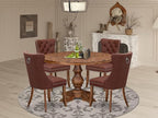 I5DA5-50N-26 5-Pc Kitchen Table Set Contain a Wooden Table and 4 Burgundy Polyester Fabric Upholstered Chairs with Button-Tufted Back, Antique Walnut