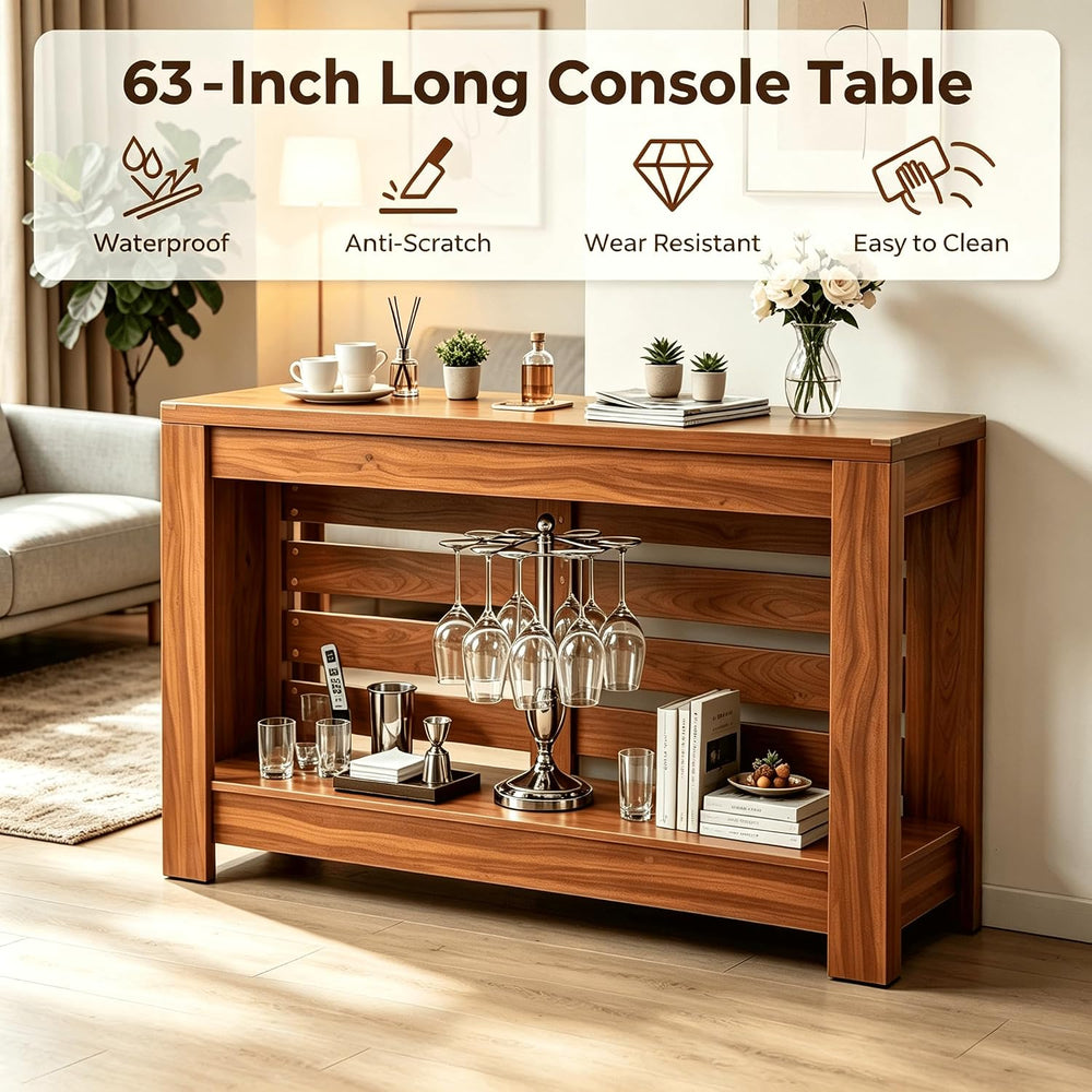 Bigbiglife 63 Inch Grille Console Table, Rustic Farmhouse Wood Sofa Table wit...