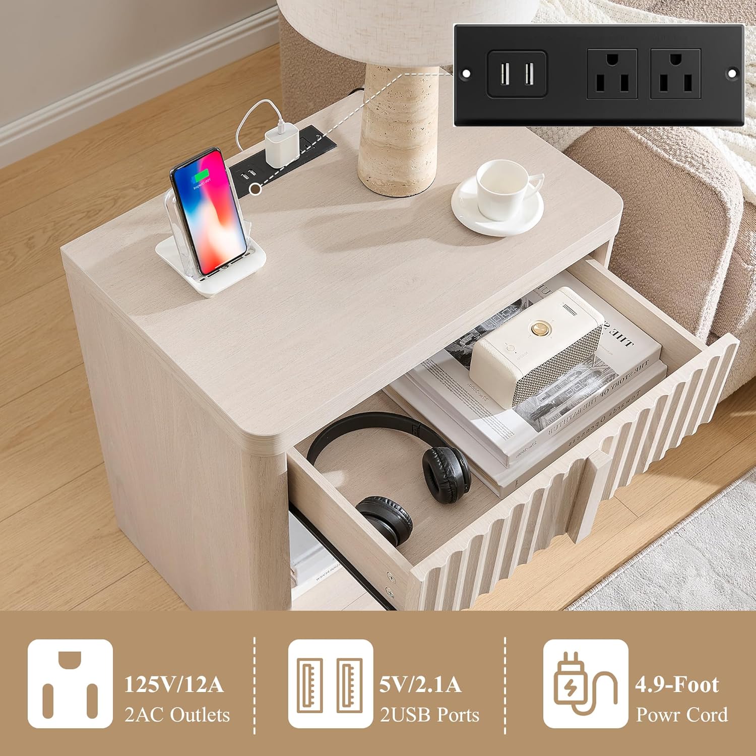 Fluted Nightstand with Charging Station, 23.6" End Table with Open Shelf and Drawers Storage, Bedside Table with Solid Wood Handle, Curved Profile Design, Night Stand for Bedroom