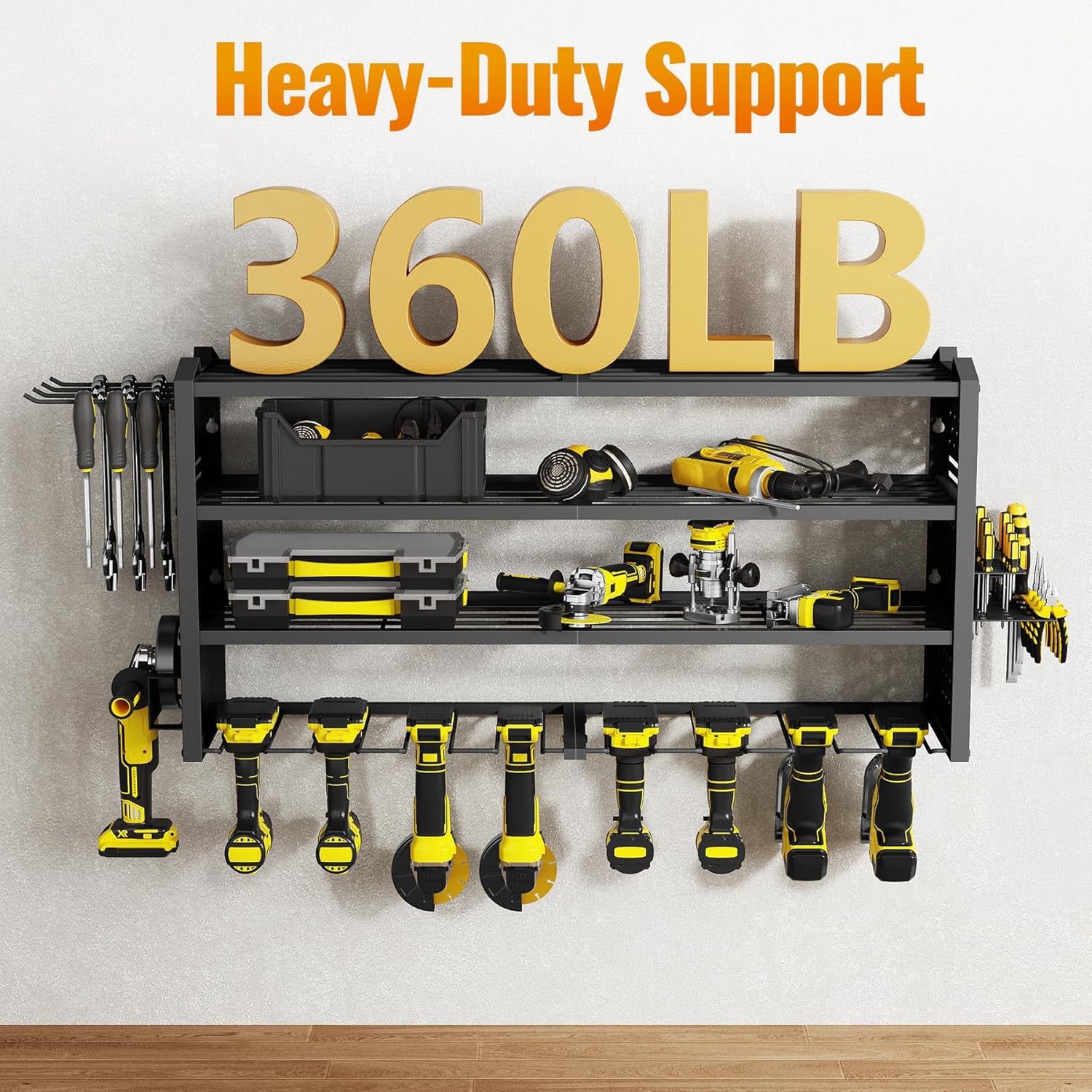 Tomorotec 4-Layer Wall-Mounted Power Tool Storage Rack, Heavy-Duty Steel Drill Organizer with Adjustable Shelves & Side Hooks for Toolbox, Easy Installation Garage & Workshop Storage (Black)