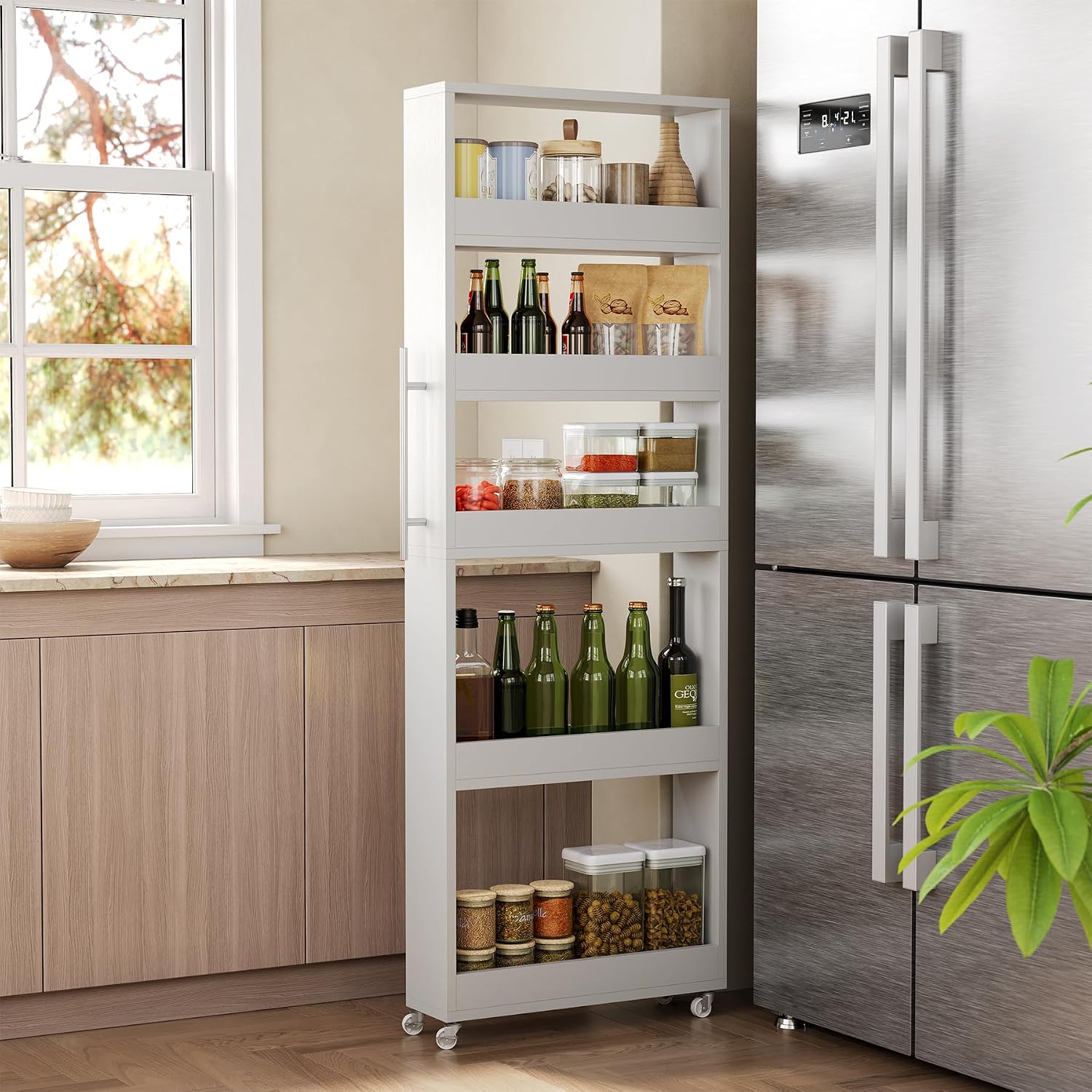 LITTLE TREE 63-Inch Slim Storage Cart on Wheels, 5-Tier Tall Narrow Mobile Shelf Organizer, Rolling Utility Cart with Metal Handle for Kitchen, Dining Room, Small Spaces, White