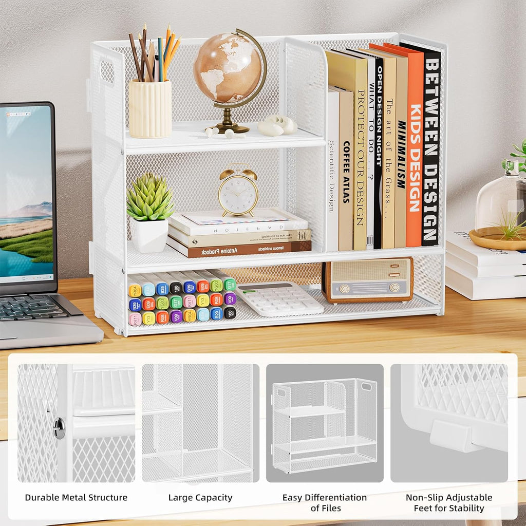 Marbrasse 3-Tier Desk Shelf Organizer with Handle, Desktop Bookshelf File Holder, Mesh Display Shelf Organizer Storage Rack for Office, Home, Supplies, Kitchen (White)
