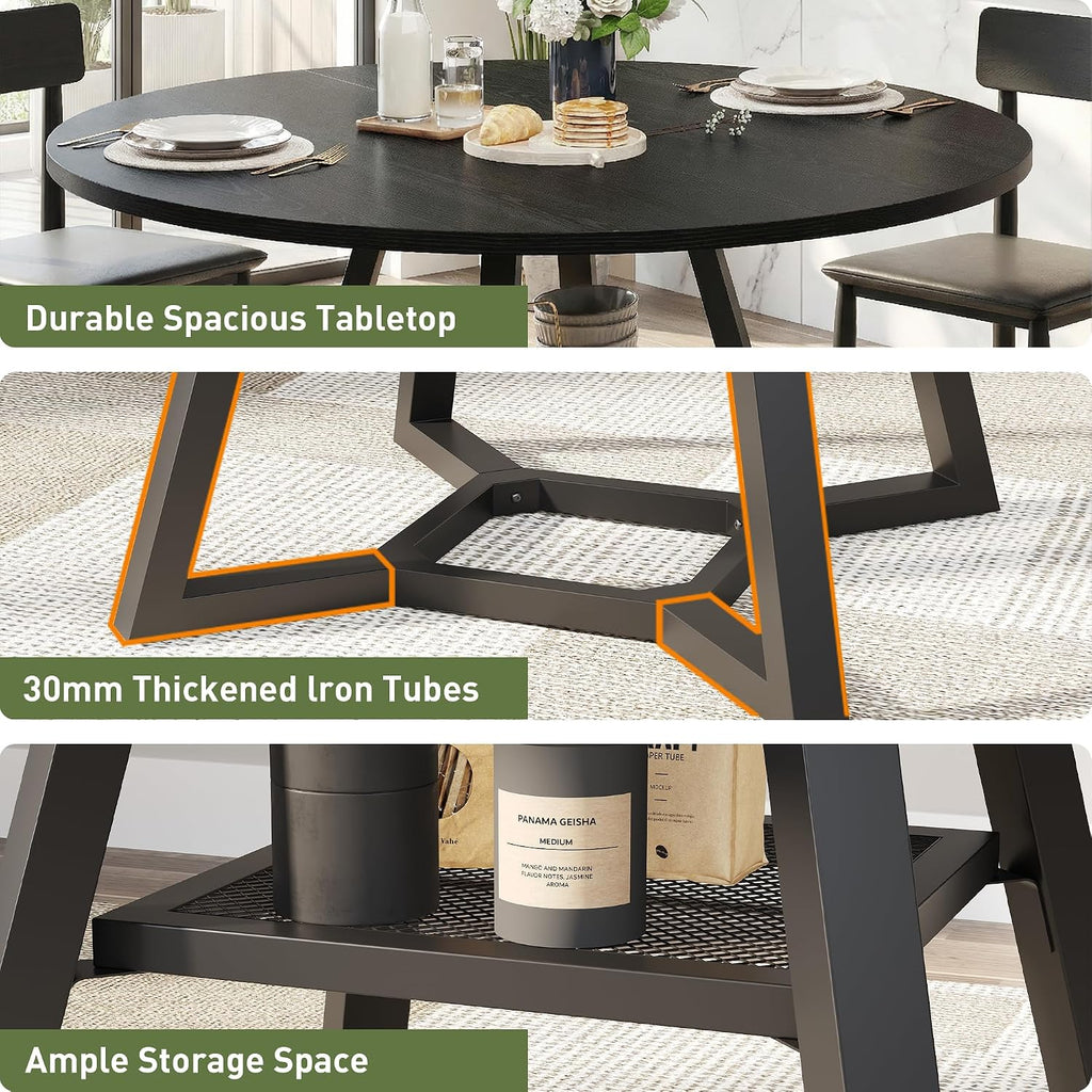 knoworld Round Dining Table for 4-6 with Storage Shelf, Kitchen & Dining Room Circle Pedestal Table, Heavy Duty Metal Frame & Wood Top