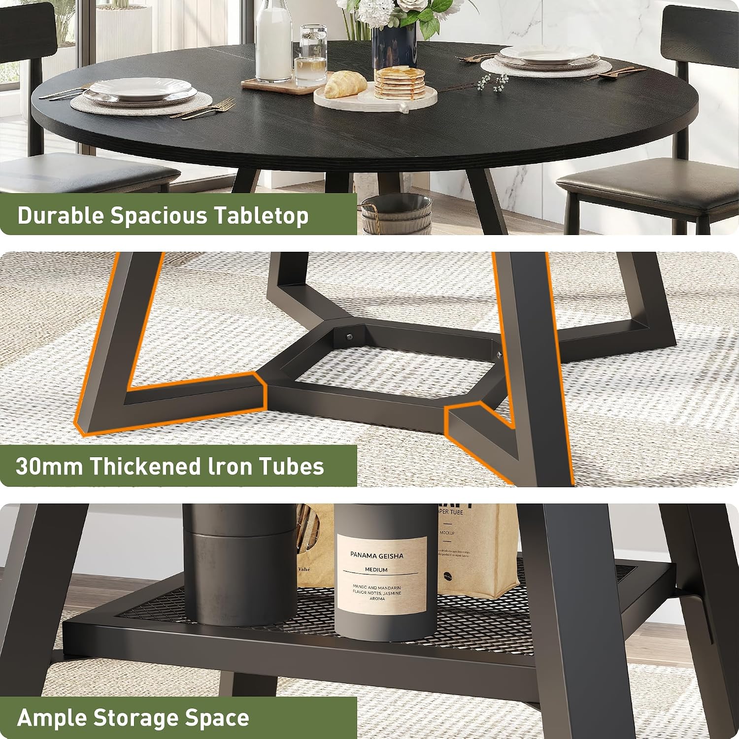 knoworld Round Dining Table for 4-6 with Storage Shelf, Kitchen & Dining Room Circle Pedestal Table, Heavy Duty Metal Frame & Wood Top