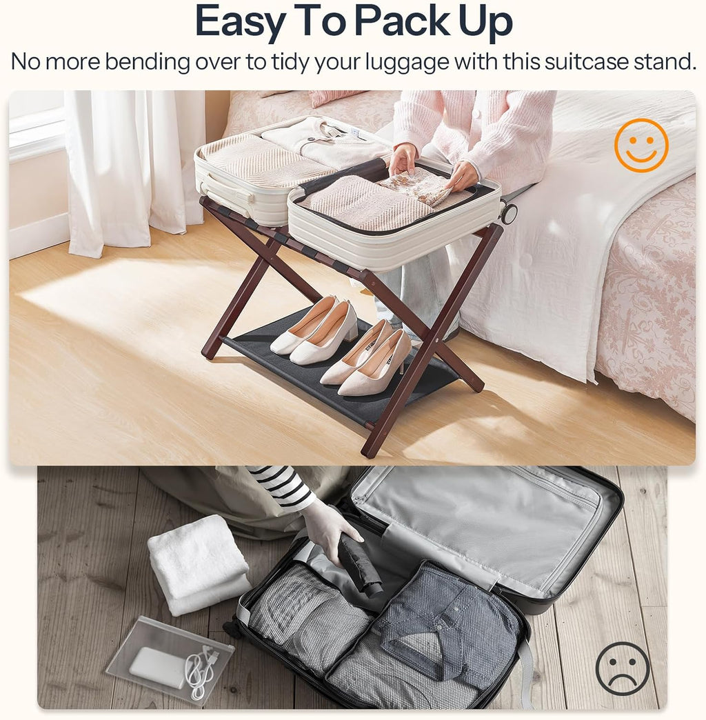 HOOBRO Luggage Racks, Set of 2 Folding Luggage Holders, Bamboo Suitcase Stands, with Nylon Straps and Oxford Fabric Shelf, for Guest Room, Hotel, Bedroom, Brown and Black BR17XLP201G1