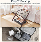 HOOBRO Luggage Racks, Set of 2 Folding Luggage Holders, Bamboo Suitcase Stands, with Nylon Straps and Oxford Fabric Shelf, for Guest Room, Hotel, Bedroom, Brown and Black BR17XLP201G1