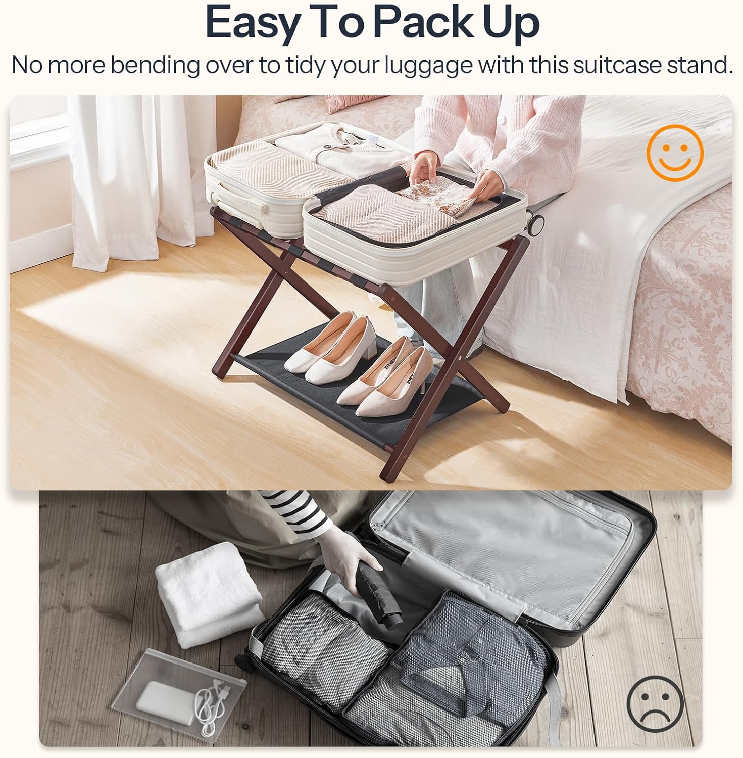 HOOBRO Luggage Racks, Set of 2 Folding Luggage Holders, Bamboo Suitcase Stands, with Nylon Straps and Oxford Fabric Shelf, for Guest Room, Hotel, Bedroom, Brown and Black BR17XLP201G1