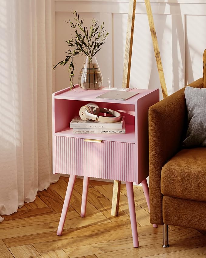 Nightstand with Oultlet,Modern Bedside Table with Storage Drawer and Open Woo...