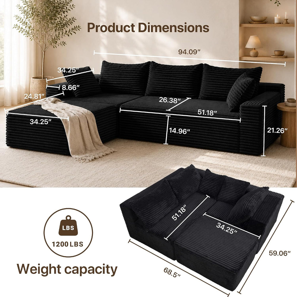 Claiks 94" Couch, L-Shape Corduroy Sectional Sofa, Black | Flexible Modu...