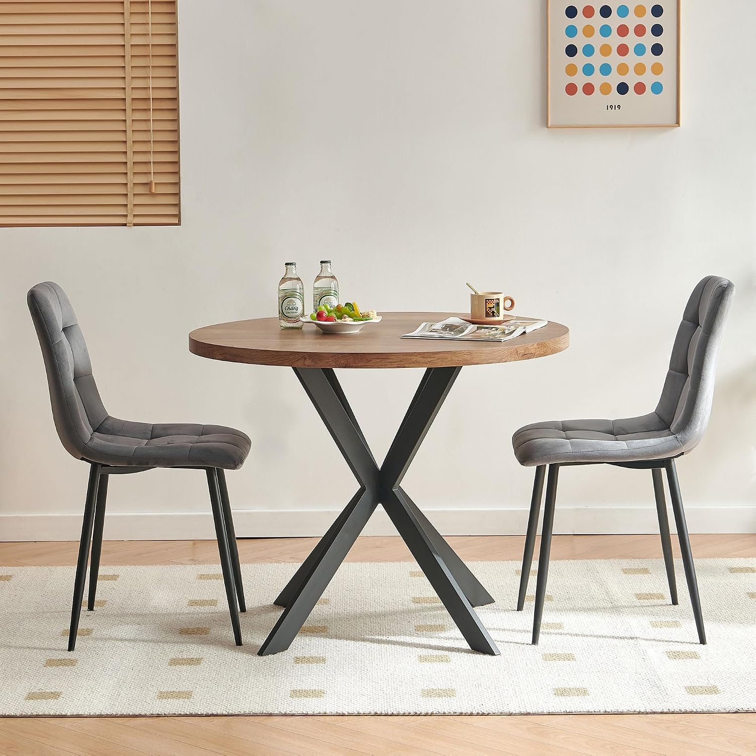 3 Piece Dining Table Set for Small Spaces - Round Kitchen Table Chairs Set of 2 with Gray Velvet Upholstered Chairs -Space Saving Dinette for Kitchen, Dining Room