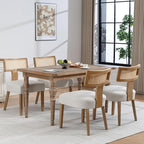 Mid-Century Modern Rattan Dining Chairs Set of 4 – Farmhouse Linen Upholstered Accent Chairs with Curved Backrest, Solid Hardwood Frame, and Comfortable Seat for Kitchen & Dining Room – Beige