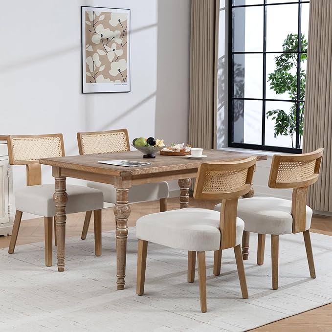 Mid-Century Modern Rattan Dining Chairs Set of 4 – Farmhouse Linen Upholstered Accent Chairs with Curved Backrest, Solid Hardwood Frame, and Comfortable Seat for Kitchen & Dining Room – Beige