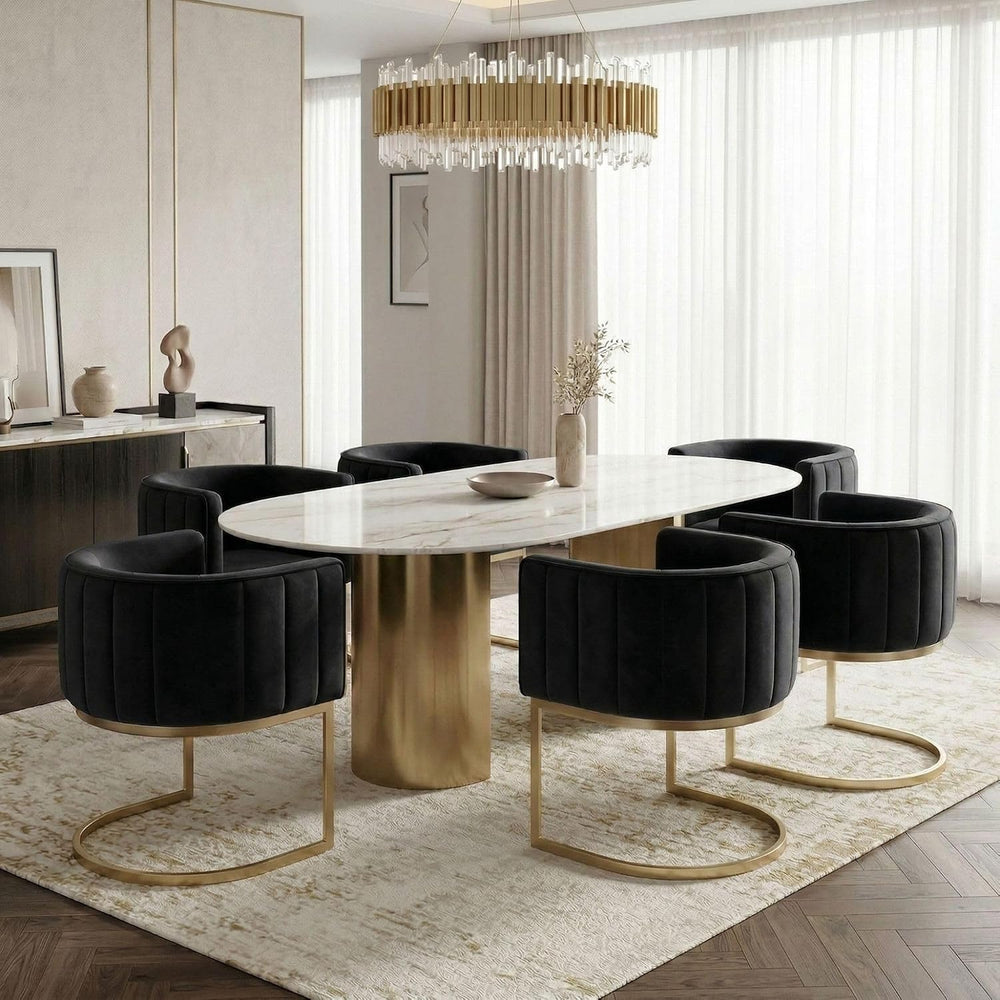 Hyfirm Black and Gold Barrel Dining Chairs Set of 6, Modern Velvet Upholstere...