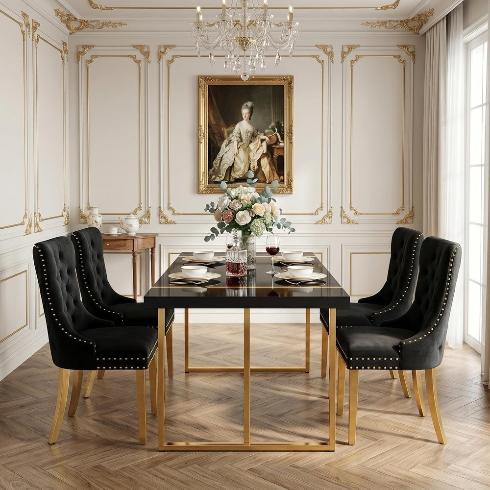 Black Dining Table Set for 4, 55" Black Glossy Top with Gold Metal Legs,...