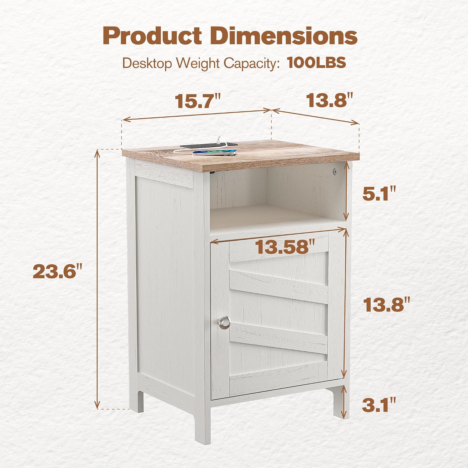 Nightstands Set of 2 with Charging Station, Farmhouse Night Stand with Open Shelf, Bedside Tables with Enclosed Cabinet, Wooden End Table with USB Ports & Outlets for Bedroom