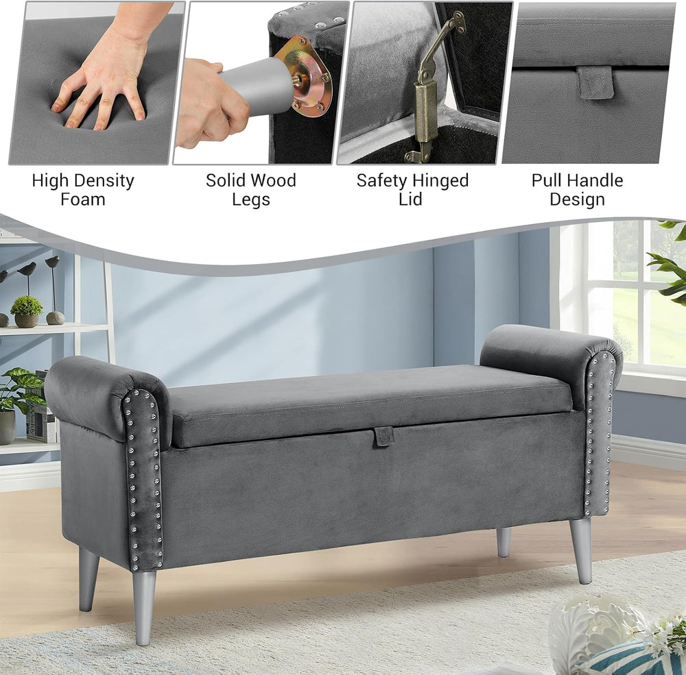 Storage Bench for Bedroom- Grey Velvet Bench with Storage 47" | Featurin...